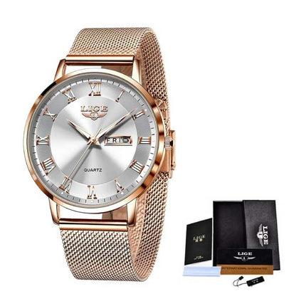 Ultradun Luxe Horloge voor Dames - Kalender Kwarts Roestvrij Staal Waterdicht Horloge Rose Gold Wit