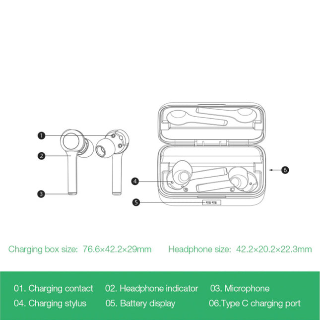 BW-FYE6 Draadloze Oordopjes - TWS Sport Oortjes True Touch Control Oordopjes Bluetooth 5.0 Wireless Buds Earphones Oortelefoon Zwart