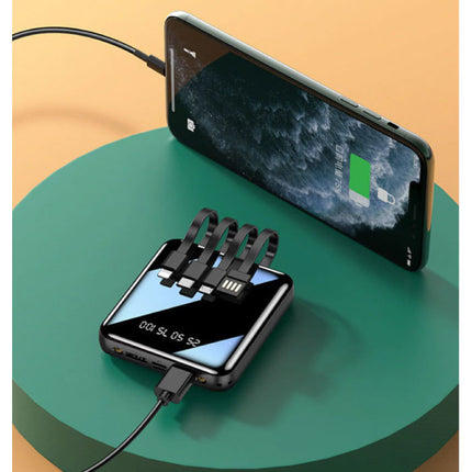 Universele 20.000mAh Mini Powerbank - 4 Types Oplaadkabel - 2x USB LED Display Noodaccu Batterij Oplader Charger Zwart