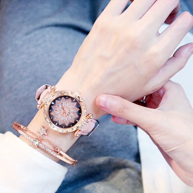 Starry Sky Horloge Dames - Luxe Anoloog Kwarts Uurwerk voor Vrouwen Roze