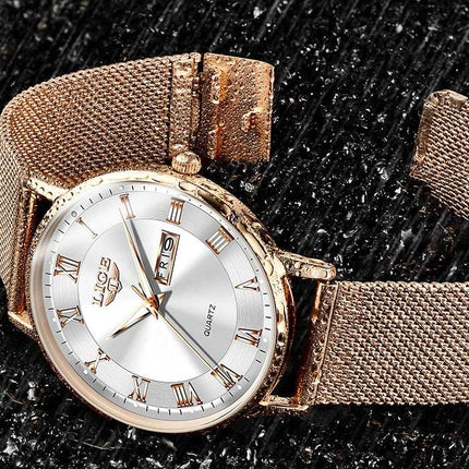 Ultradun Luxe Horloge voor Dames - Kalender Kwarts Roestvrij Staal Waterdicht Horloge Zwart Blauw