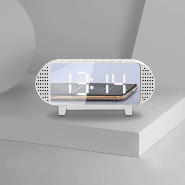Digitale LED Klok met Luidspreker - Wekker Spiegel Alarm Telefoonhouder Snooze Helderheid Aanpassing Wit