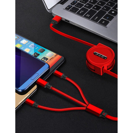 3 in 1 Intrekbare Oplaadkabel - iPhone Lightning / USB-C / Micro-USB - 1.2 Meter Oplader Spiral Data Kabel Zwart-Transparant
