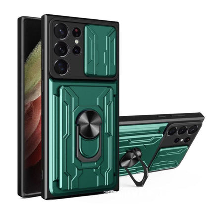 Samsung Galaxy A33 - Card Slot Hoesje met Kickstand en Camera Slide - Magnetische Pop Grip Cover Case Groen