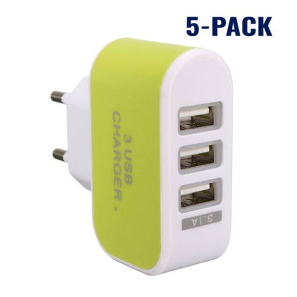5-Pack  Triple (3x) USB Port iPhone/Android Muur Oplader Wallcharger AC Thuis Groen