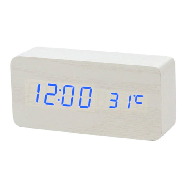 Houten Digitale LED Klok - Wekker Alarm  Snooze Temperatuur Helderheid Aanpassing Wit