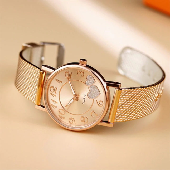 Horloge met Hartjes voor Dames - Kwarts Luxe Anoloog Uurwerk Roestvrij Staal Mesh voor Vrouwen Rose Gold