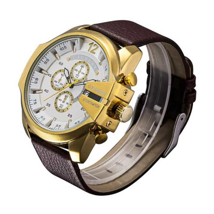 Vintage Militair Horloge voor Heren - Leren Bandje Kwarts Polshorloge Goud
