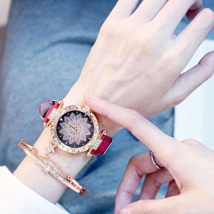 Starry Sky Horloge Dames - Luxe Anoloog Kwarts Uurwerk voor Vrouwen Rood