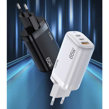 B314P 3-Port Stekkerlader - PD / Quick Charge 3.0 - Power Delivery USB Fast Charge 65W GaN - Oplader Muur Wallcharger AC Thuislader Adapter Zwart