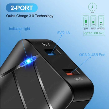 28W Stekkerlader - Dual Port Quick Charge 3.0 / 2.1A - USB Fast Charge Oplader Muur Wallcharger AC Thuislader Adapter Zwart