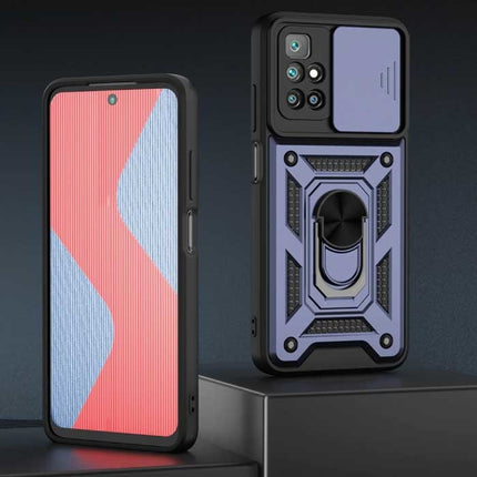 Xiaomi Redmi Note 10S - Armor Hoesje met Kickstand en Camera Bescherming - Pop Grip Cover Case Blauw