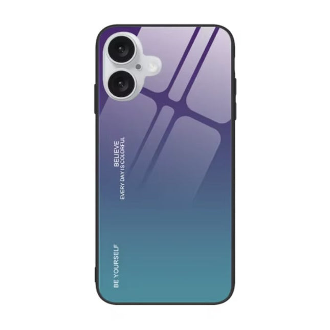 iPhone 15 Plus Hoesje Gradient - TPU en 9H Glas - Shockproof Glossy Case Cover - Paars-Blauw