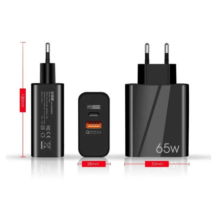 65W GaN Stekkerlader met Oplaadkabel 1 meter - Dual Port PD / Quick Charge 3.0 - Power Delivery USB Fast Charge - Oplader AC Thuislader Adapter Wit