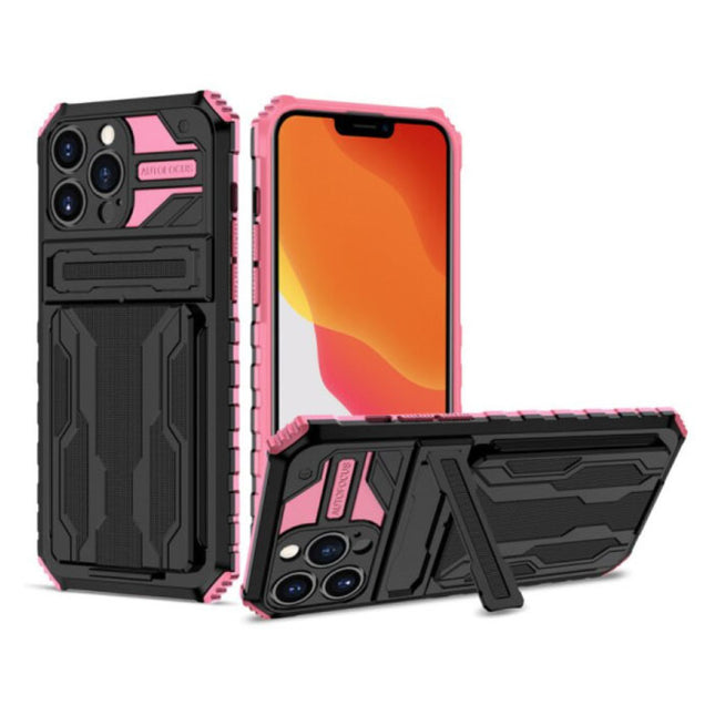 iPhone 8 Plus - Armor Card Slot Hoesje met Kickstand - Wallet Cover Case Roze