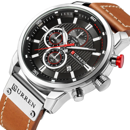 Heren Horloge met Leren Bandje - Anoloog Luxe Kwarts Uurwerk voor Mannen - Roestvrij staal - Oranje-Zilver