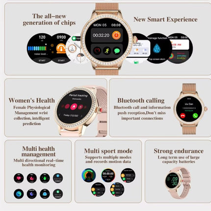 Diamant Smartwatch - Gezondheid Monitor Sport Tracker Horloge iOS Android - Mesh Bandje - Zilver