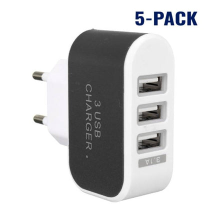 5-Pack Triple (3x) USB Port iPhone/Android Muur Oplader Wallcharger AC Thuis Zwart