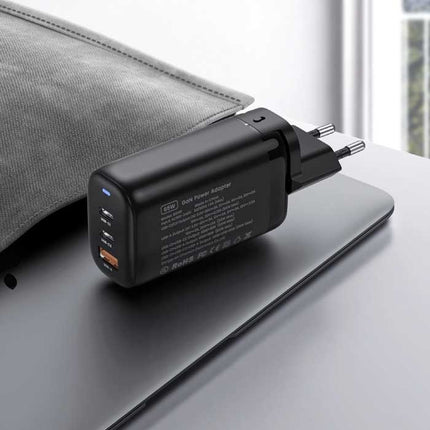 B314P 3-Port Stekkerlader - PD / Quick Charge 3.0 - Power Delivery USB Fast Charge 65W GaN - Oplader Muur Wallcharger AC Thuislader Adapter Zwart
