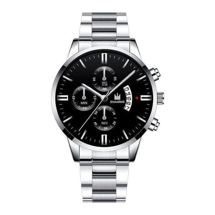 Luxe Zakelijk Horloge voor Heren - Kwarts Roestvrij Staal Bandje Datum Kalender met 3 Subdials Zilver Zwart