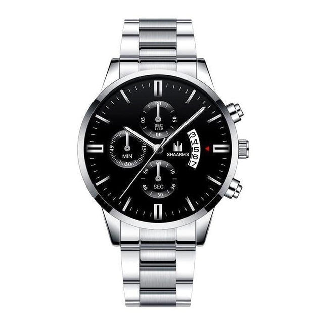 Luxe Zakelijk Horloge voor Heren - Kwarts Roestvrij Staal Bandje Datum Kalender met 3 Subdials Zilver Zwart
