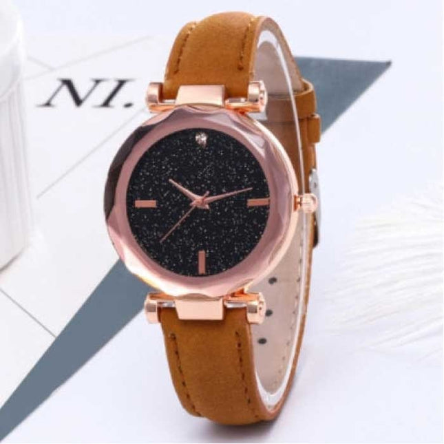 Minimalistisch Horloge Sterrenhemel voor Dames - Modieus Casual Leren Bandje Kwarts Koffiebruin