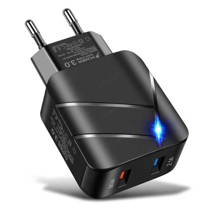 28W Stekkerlader - Dual Port Quick Charge 3.0 / 2.1A - USB Fast Charge Oplader Muur Wallcharger AC Thuislader Adapter Zwart