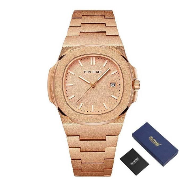 Frosted Luxe Horloge voor Heren - Roestvrij Staal Kwarts Uurwerk met Opbergdoosje Rose Gold