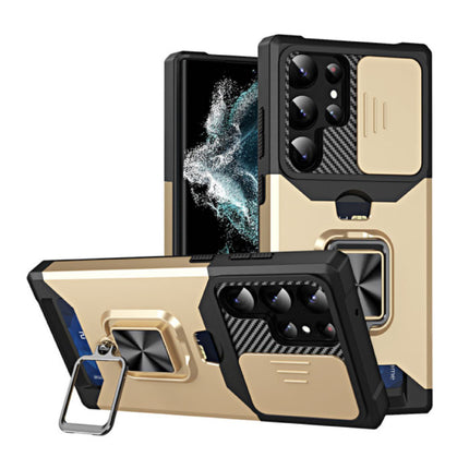 Samsung Galaxy A33 - Card Slot Hoesje met Kickstand en Camera Slide - Grip Socket Magnetische Cover Case Goud