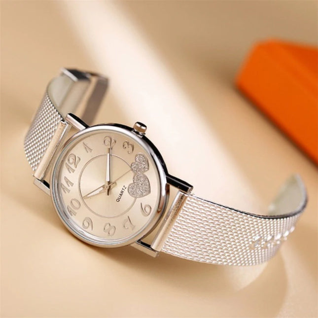 Horloge met Hartjes voor Dames - Kwarts Luxe Anoloog Uurwerk Roestvrij Staal Mesh voor Vrouwen Zilver