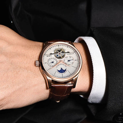 Luxe Horloge voor Heren met Leren Bandje - Anoloog Mechanisch Uurwerk voor Mannen Kwarts Zilver