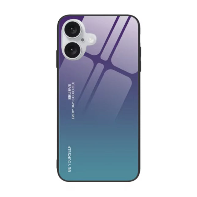 iPhone 15 Hoesje Gradient - TPU en 9H Glas - Shockproof Glossy Case Cover - Paars-Blauw