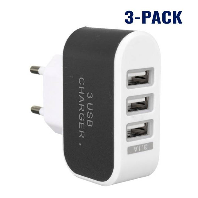 3-Pack  Triple (3x) USB Port iPhone/Android Muur Oplader Wallcharger Zwart