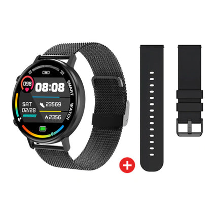 Smartwatch met Extra Bandje - Roestvrij Staal Mesh / Silicoon Fitness Sport Activity Tracker Horloge Android - Zwart