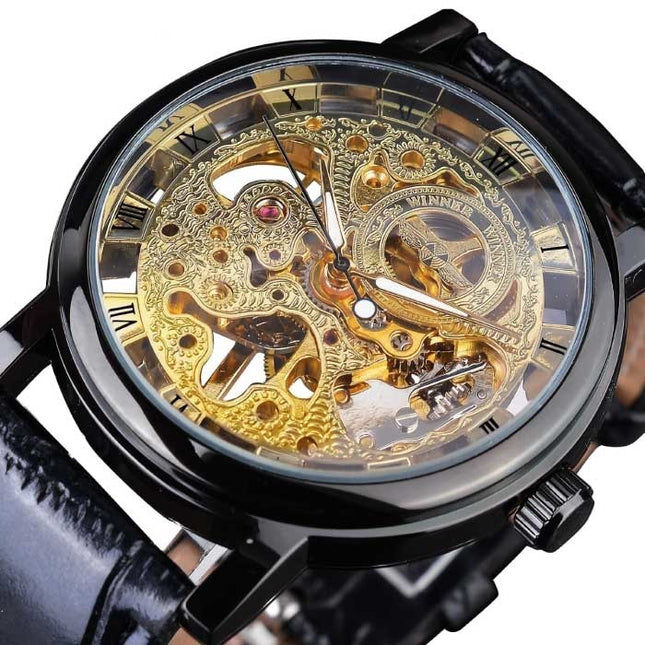 Gouden Kast Luxe Horloge voor Heren - Leren Bandje Transparant Mechanisch Skelet Zwart Goud