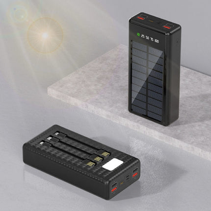 100.000mAh Solar Powerbank met 4 Poorten en 3 Types Oplaadkabel - Ingebouwde Zaklamp - Externe Noodaccu Batterij Oplader Charger Zon Zwart