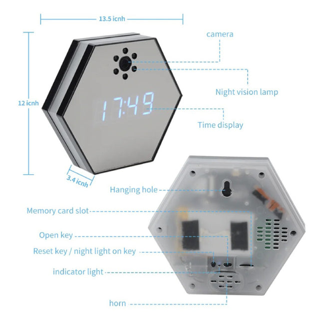 RGB Hexagon Klok met 1080p Camera en WiFi - Binnenbeveiliging Infrarood Nachtzicht