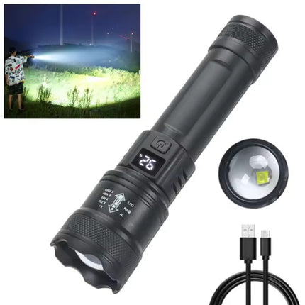 Tactische Zaklamp - 2000 Lumen LED Schijnwerper met Zoom Kamperen Noodgeval Lantaarn - Zwart