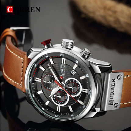 Heren Horloge met Leren Bandje - Anoloog Luxe Kwarts Uurwerk voor Mannen - Roestvrij staal - Oranje-Zilver