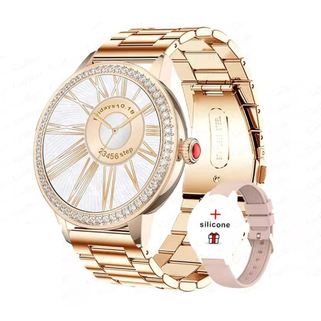 Diamant Smartwatch - Gezondheid Monitor Sport Tracker Horloge iOS Android - Metaal Bandje - Rose Gold