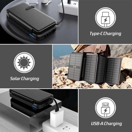 43800mAh Qi Solar Powerbank met 4 Zonnepanelen - 10W Draadloos / 20W PD Opladen Zwart