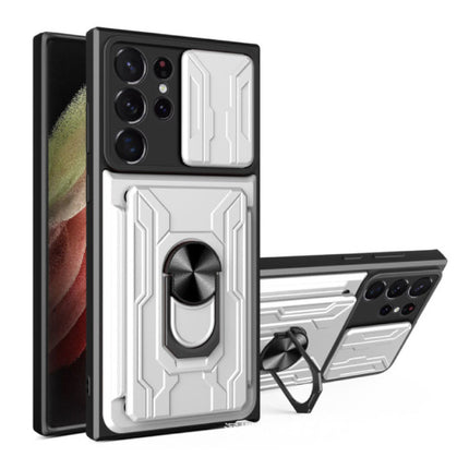 Samsung Galaxy S23 - Card Slot Hoesje met Kickstand en Camera Slide - Magnetische Pop Grip Cover Case Wit