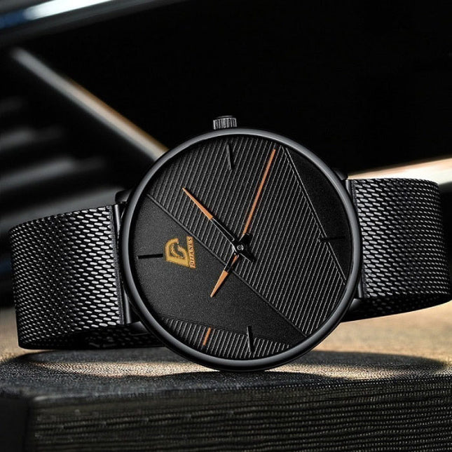 Minimalistisch Horloge voor Heren - Modieus Ultradun Zakelijk Kwarts Uurwerk Zwart Oranje Leren Bandje