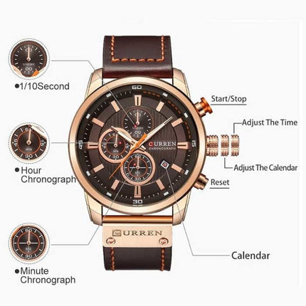 Luxe Horloge voor Heren met Leren Band - Kwarts Sport Chronograaf Polshorloge Grijs
