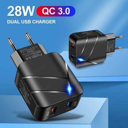 28W Stekkerlader - Dual Port Quick Charge 3.0 / 2.1A - USB Fast Charge Oplader Muur Wallcharger AC Thuislader Adapter Wit