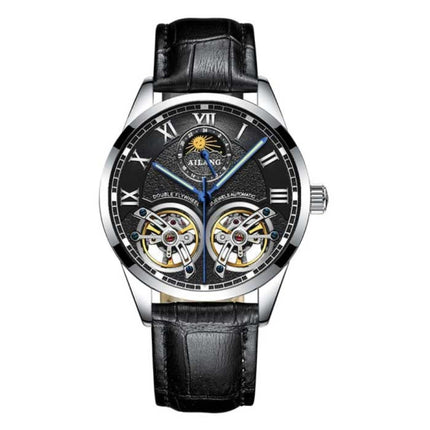 Vintage Horloge voor Heren - Leren Bandje Kwarts Polshorloge Dubbel Vliegwiel Zwart