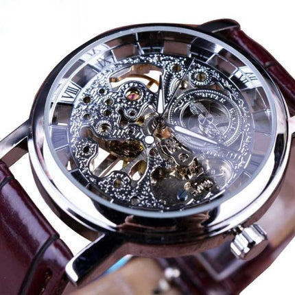 Gouden Kast Luxe Horloge voor Heren - Leren Bandje Transparant Mechanisch Skelet Zilver Bruin
