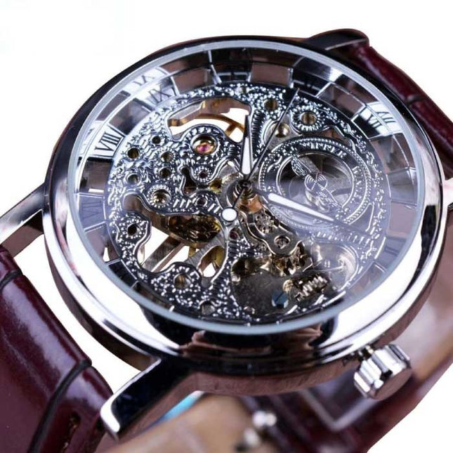 Gouden Kast Luxe Horloge voor Heren - Leren Bandje Transparant Mechanisch Skelet Zilver Bruin