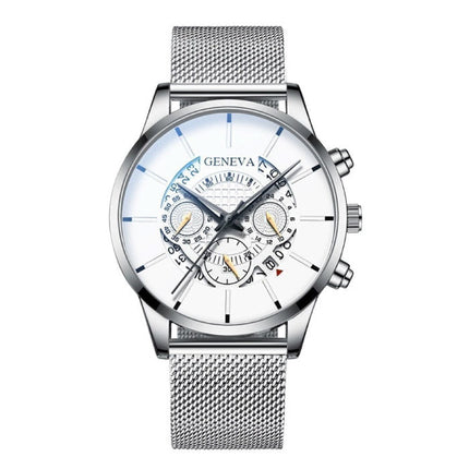 Klassiek Horloge voor Heren - Kwarts Stalen Riem Luxe Uurwerk Kalender Zakelijk Zilver Wit
