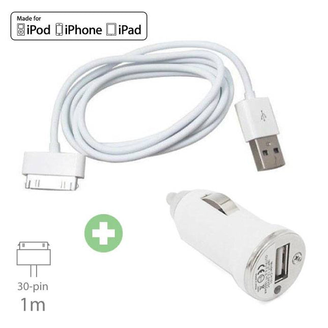 2 in 1 Oplaadset Oplaadkabel USB/Datakabel & Autolader/Carcharger 1 Meter voor iPhone 4/4S